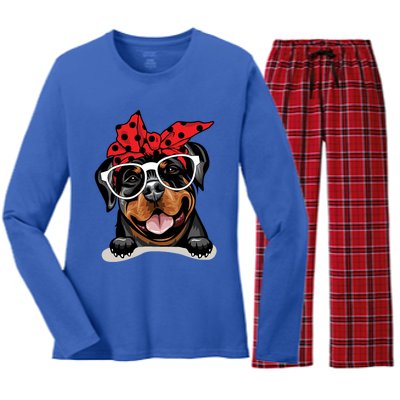 Cute Rottweiler Christmas Red Plaid Headband And Glasses Great Gift Women's Long Sleeve Flannel Pajama Set 