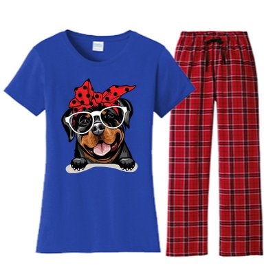 Cute Rottweiler Christmas Red Plaid Headband And Glasses Great Gift Women's Flannel Pajama Set