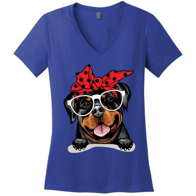 Cute Rottweiler Christmas Red Plaid Headband And Glasses Great Gift Women's V-Neck T-Shirt