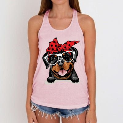 Cute Rottweiler Christmas Red Plaid Headband And Glasses Great Gift Women's Knotted Racerback Tank