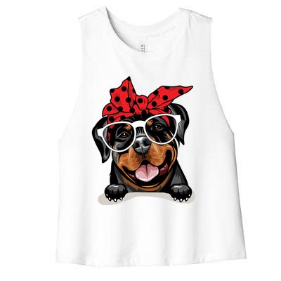 Cute Rottweiler Christmas Red Plaid Headband And Glasses Great Gift Women's Racerback Cropped Tank