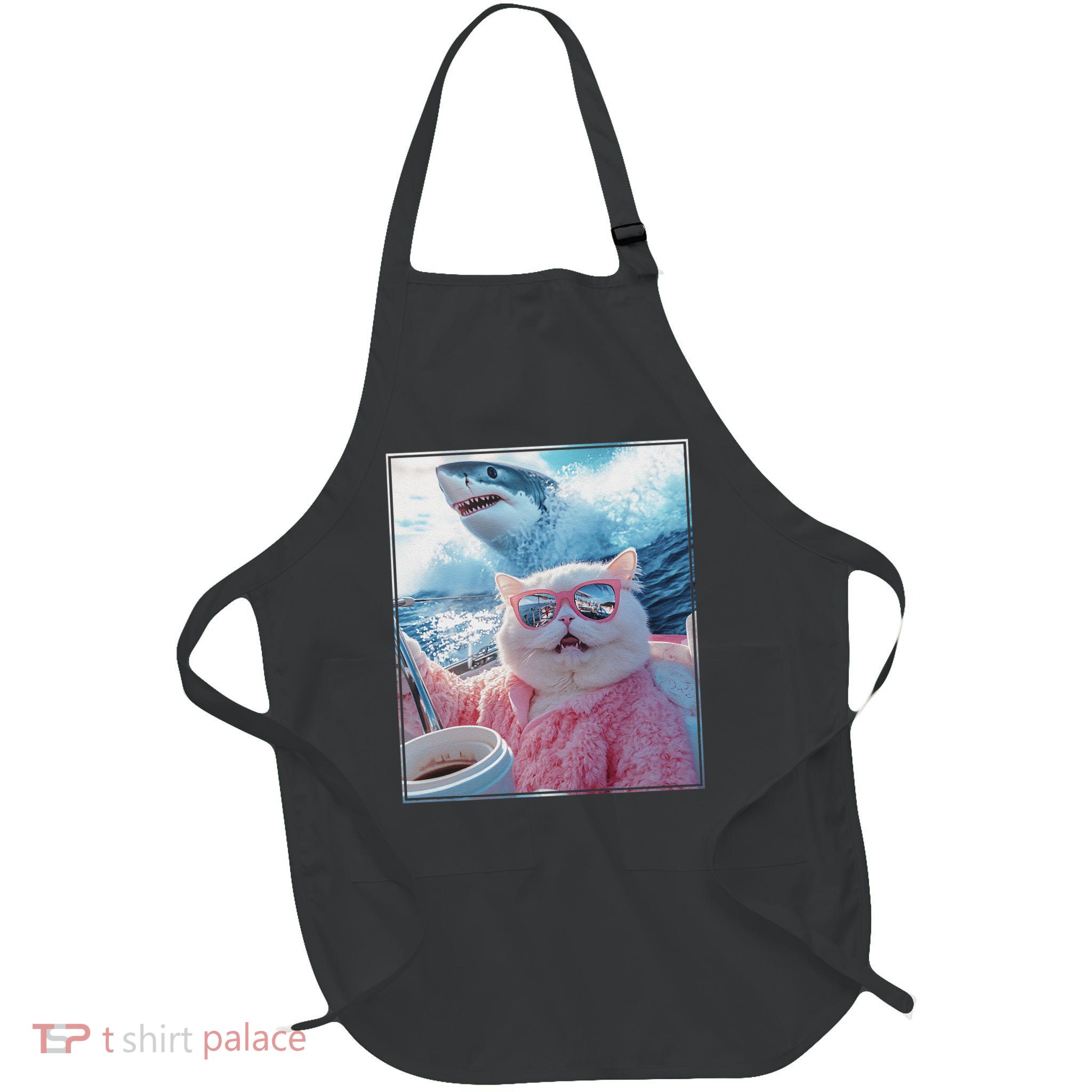 Cool Relaxed Cat on a Yacht Boat with Shark Funny Cat Meme Full-Length Apron With Pockets