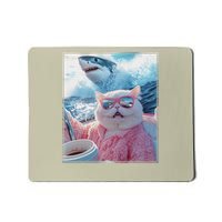 Cool Relaxed Cat on a Yacht Boat with Shark Funny Cat Meme Mousepad