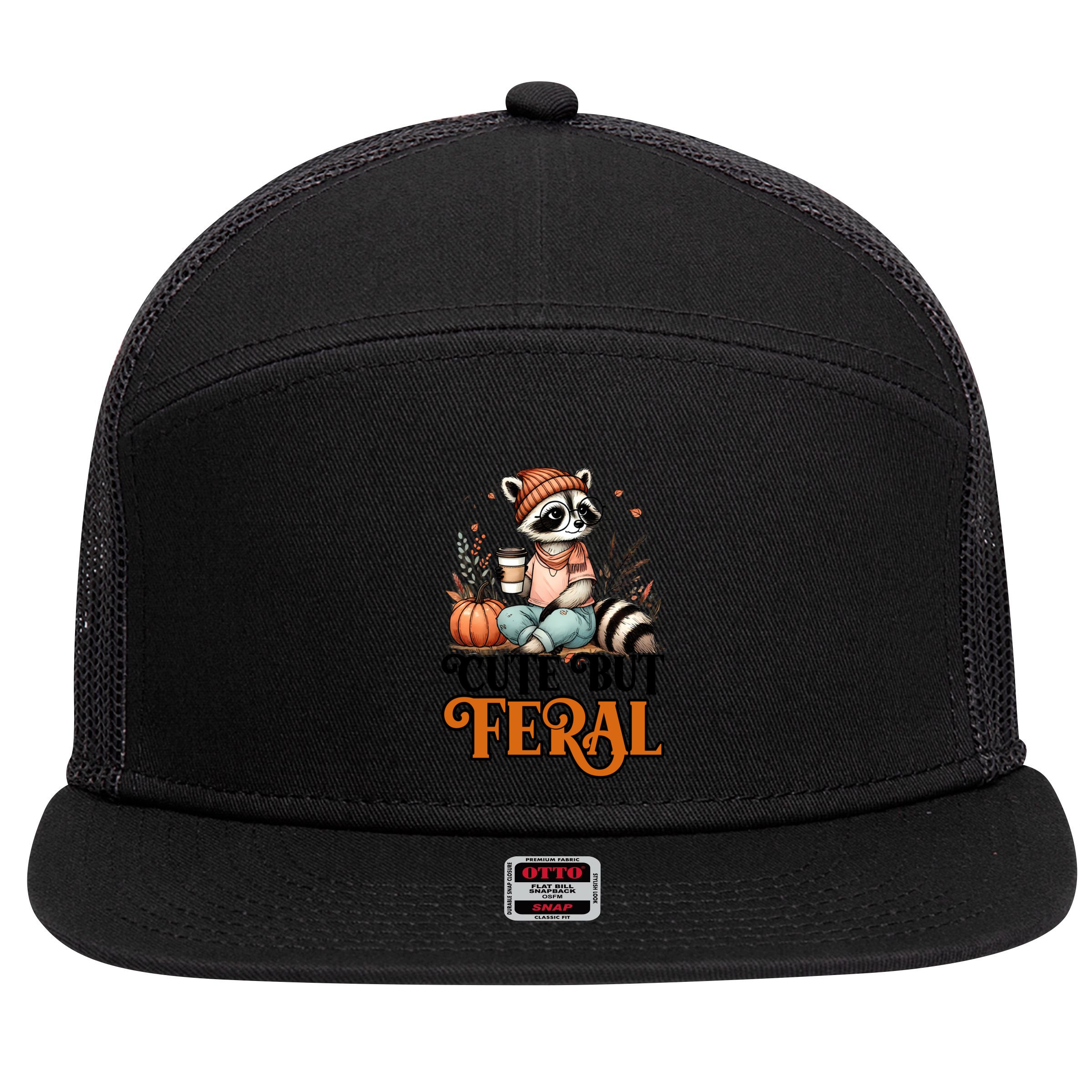 Coffee Raccoon Cute But Feral Autumn Design Gift 7 Panel Mesh Trucker Snapback Hat