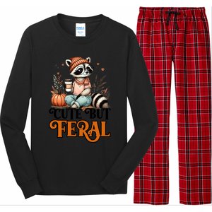 Coffee Raccoon Cute But Feral Autumn Design Gift Long Sleeve Pajama Set