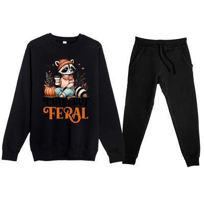 Coffee Raccoon Cute But Feral Autumn Design Gift Premium Crewneck Sweatsuit Set