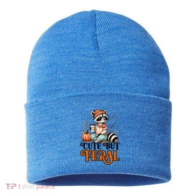 Coffee Raccoon Cute But Feral Autumn Design Gift Sustainable Knit Beanie