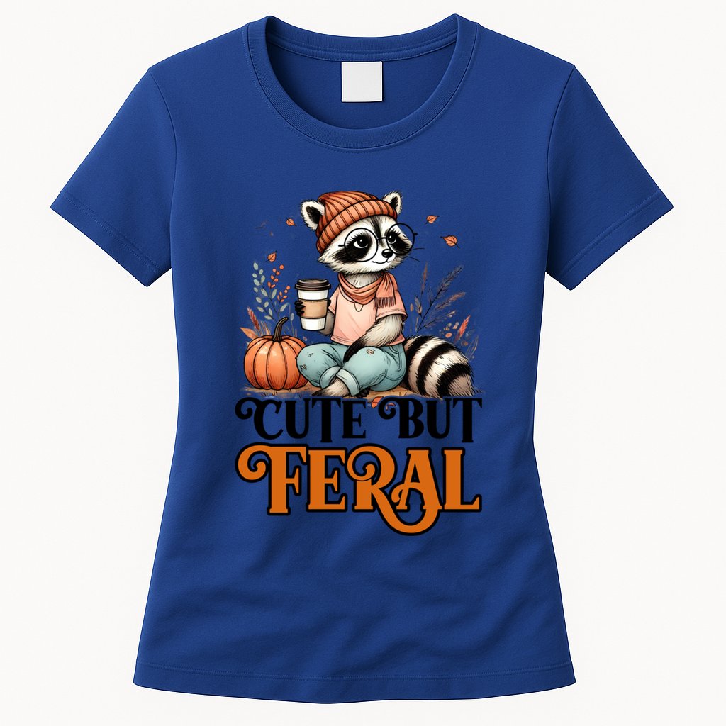 Coffee Raccoon Cute But Feral Autumn Design Gift Womens T-Shirt