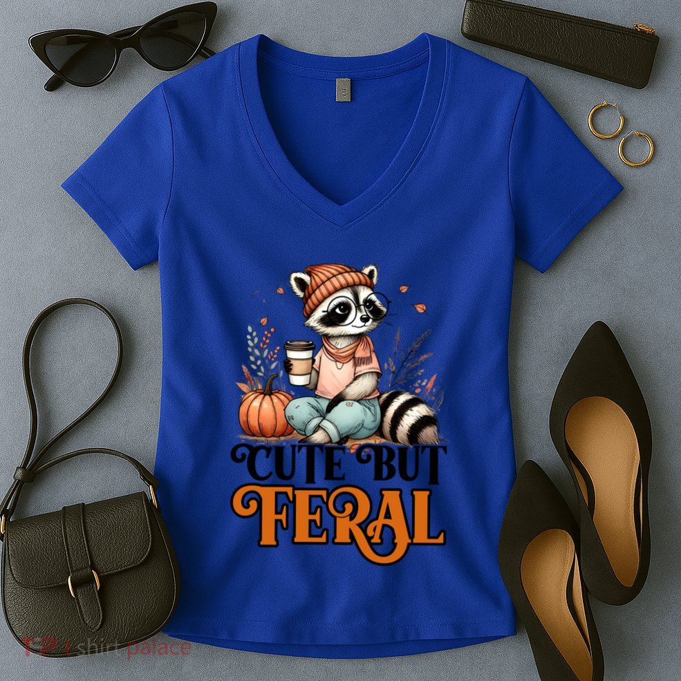 Coffee Raccoon Cute But Feral Autumn Design Gift Women's V-Neck T-Shirt