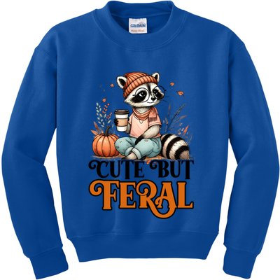 Coffee Raccoon Cute But Feral Autumn Design Gift Kids Sweatshirt