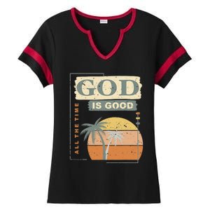 Cool Retro Christian Saying God Is Good All The Time Ladies Halftime Notch Neck Tee