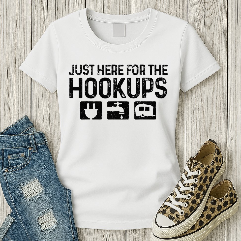 Camping RV Caravan Motorhome Just Here For The Hookups Funny Womens T-Shirt