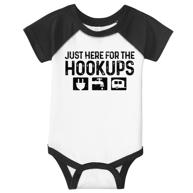 Camping RV Caravan Motorhome Just Here For The Hookups Funny Infant Baby Jersey Bodysuit