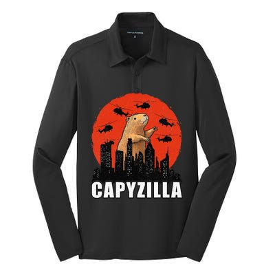 Capybara Retro Capybara Rodent Capyzilla Silk Touch Performance Long Sleeve Polo