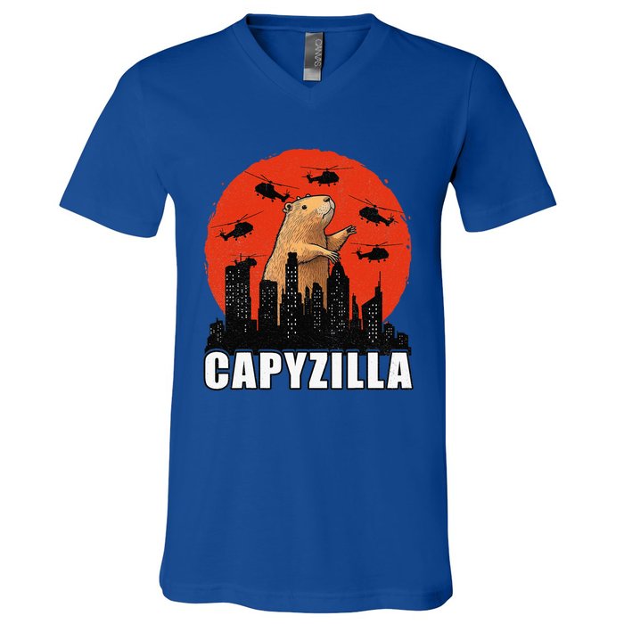 Capybara Retro Capybara Rodent Capyzilla V-Neck T-Shirt