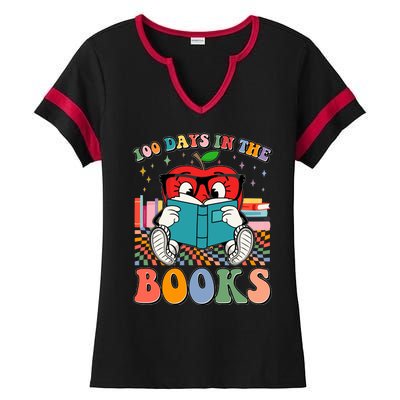 Cute Retro Cartoon Apple 100 Days Of Books Ladies Halftime Notch Neck Tee