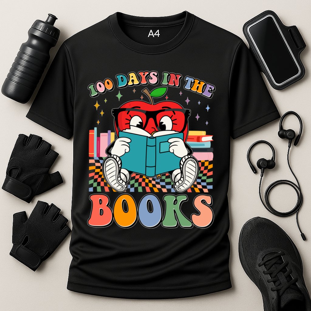 Cute Retro Cartoon Apple 100 Days Of Books Performance Shirt
