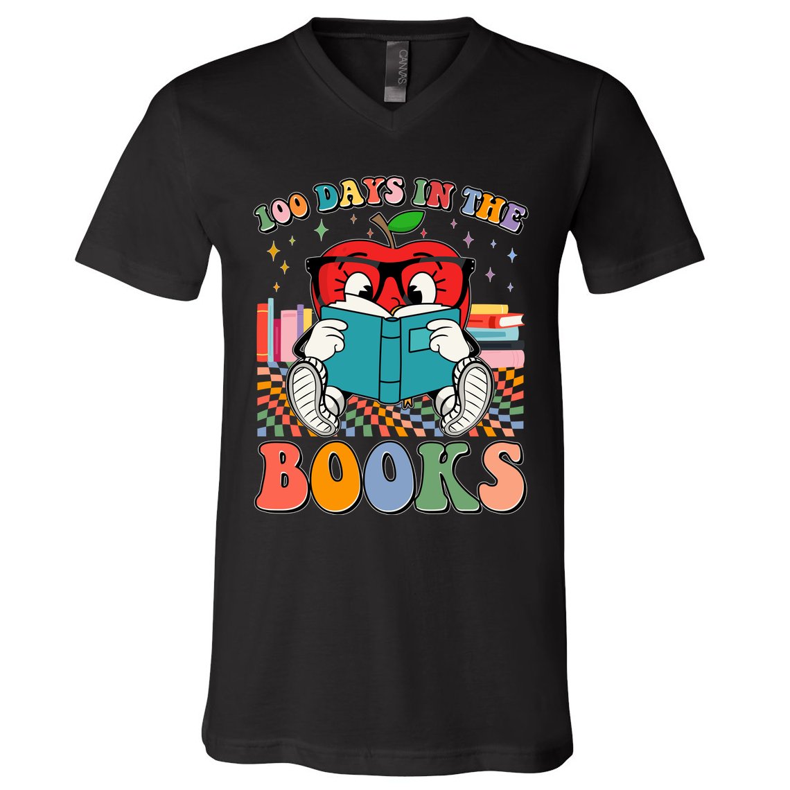 Cute Retro Cartoon Apple 100 Days Of Books V-Neck T-Shirt