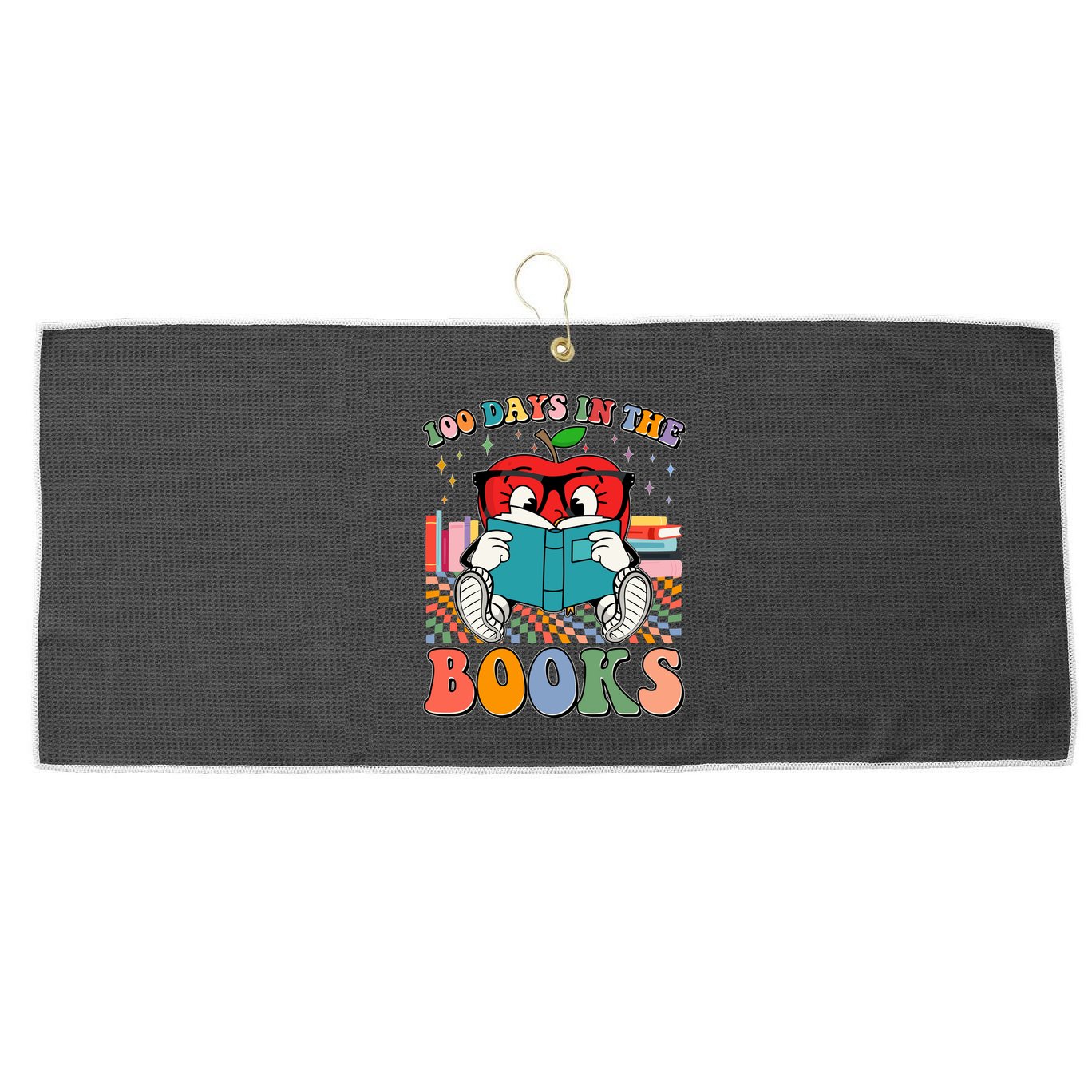 Cute Retro Cartoon Apple 100 Days Of Books Large Microfiber Waffle Golf Towel