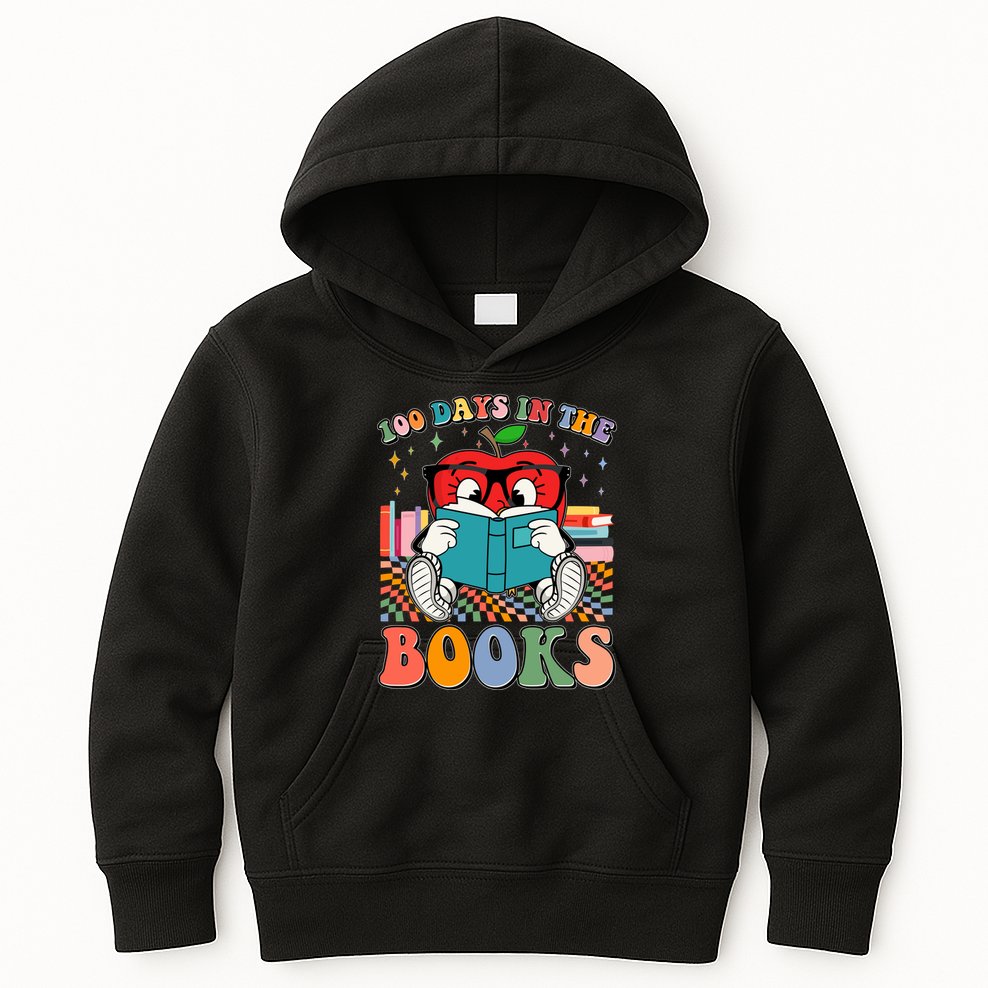 Cute Retro Cartoon Apple 100 Days Of Books Kids Hoodie