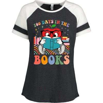 Cute Retro Cartoon Apple 100 Days Of Books Enza Ladies Jersey Colorblock Tee