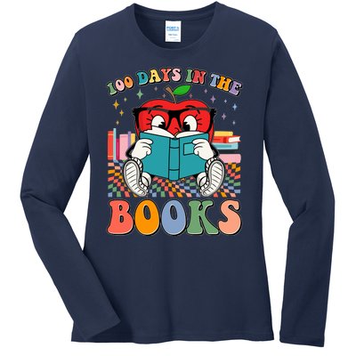 Cute Retro Cartoon Apple 100 Days Of Books Ladies Long Sleeve Shirt