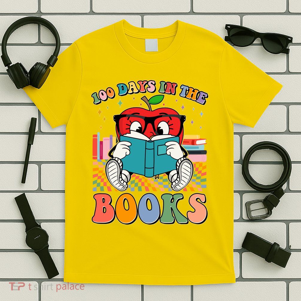 Cute Retro Cartoon Apple 100 Days Of Books T-Shirt
