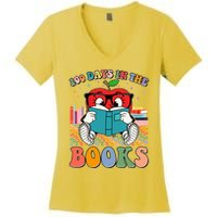 Cute Retro Cartoon Apple 100 Days Of Books Women's V-Neck T-Shirt
