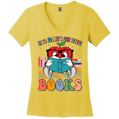 Cute Retro Cartoon Apple 100 Days Of Books Women's V-Neck T-Shirt