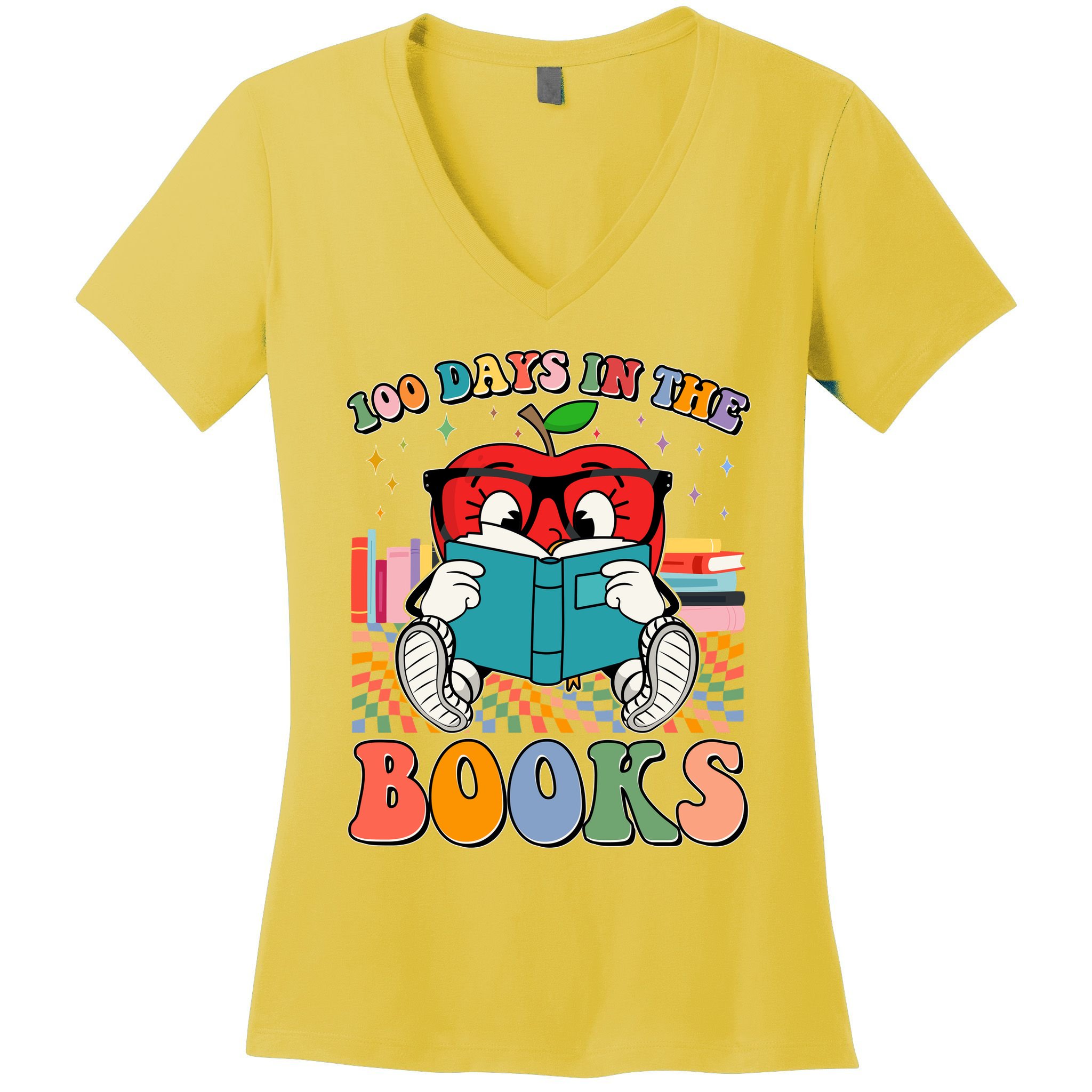 Cute Retro Cartoon Apple 100 Days Of Books Women's V-Neck T-Shirt