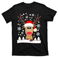 Cute Reindeer Christmas Elk Red Santa Hat Snow Snowflakes Gift T-Shirt