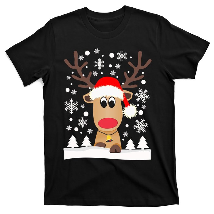 Cute Reindeer Christmas Elk Red Santa Hat Snow Snowflakes Gift T-Shirt