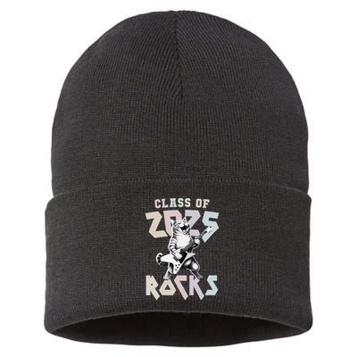 Cat Rockstar Class Of 2025 Rocks Graduated Signing Throwback .Png Sustainable Knit Beanie