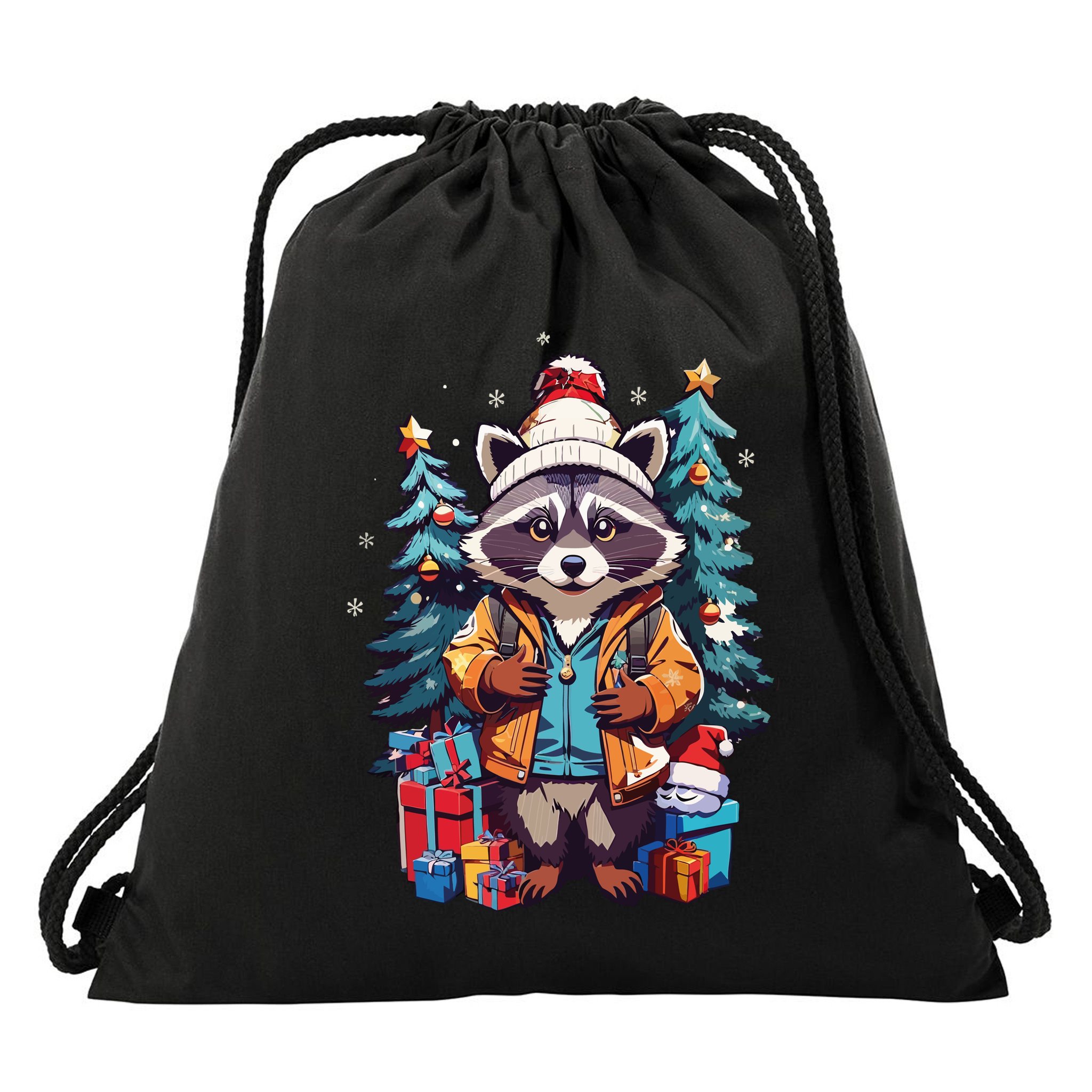 Christmas Raccoon Drawstring Bag