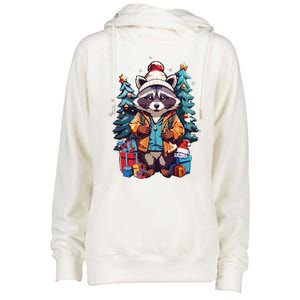 Christmas Raccoon Womens Funnel Neck Pullover Hood