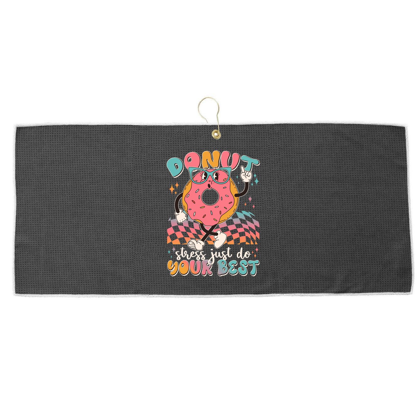 Cute Retro Cartoon Donut Stress Just Do Your Best Large Microfiber Waffle Golf Towel