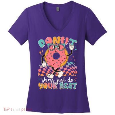 Cute Retro Cartoon Donut Stress Just Do Your Best Women's V-Neck T-Shirt