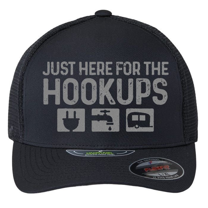 Camping RV Caravan Motorhome Just Here For The Hookups Funny Flexfit Unipanel Trucker Cap