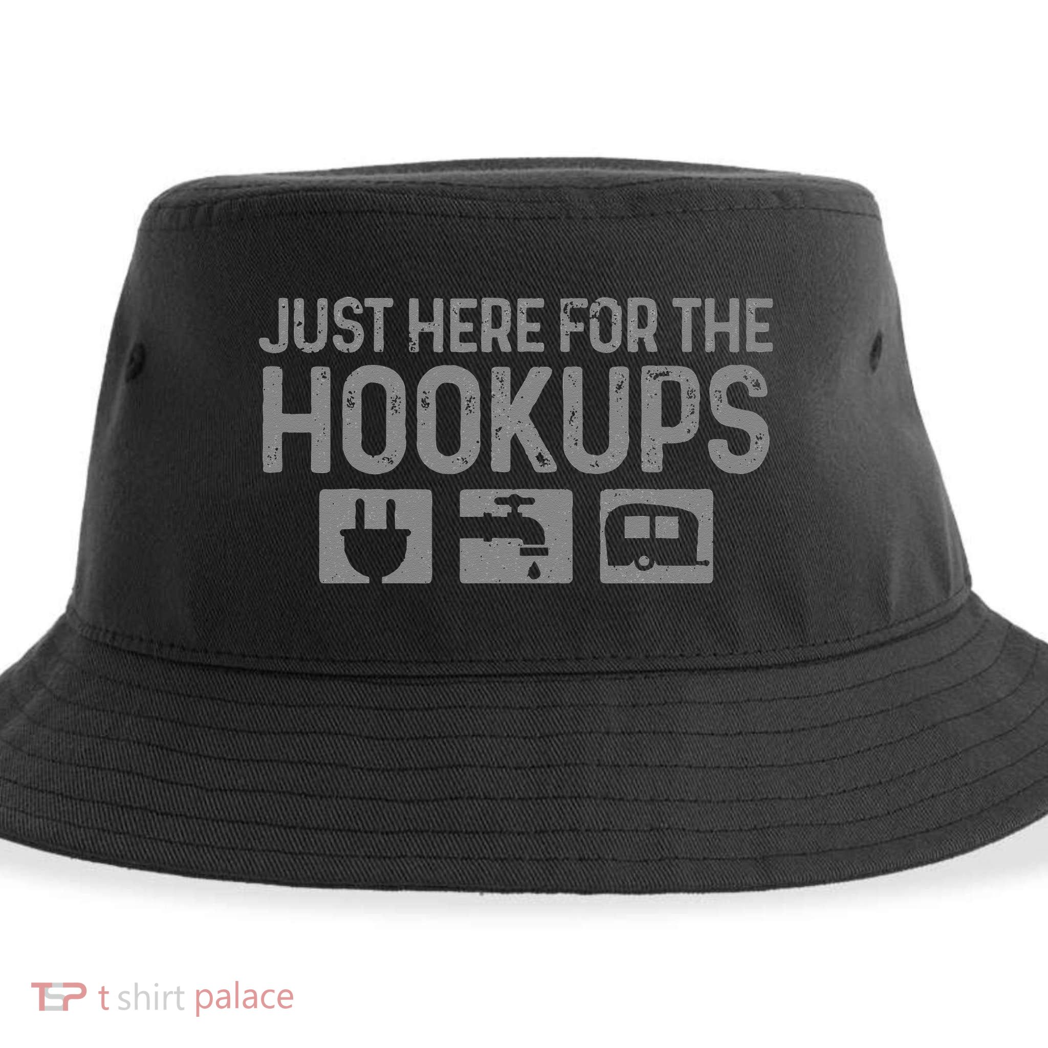 Camping RV Caravan Motorhome Just Here For The Hookups Funny Sustainable Bucket Hat