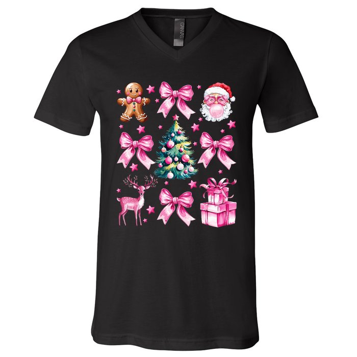 Cute Retro Coquette Bow Christmas Tree V-Neck T-Shirt