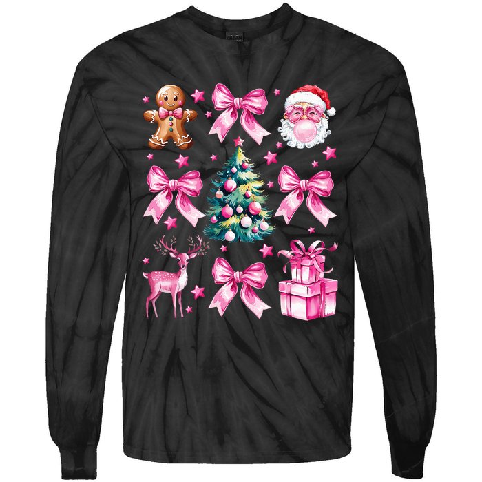 Cute Retro Coquette Bow Christmas Tree Tie-Dye Long Sleeve Shirt