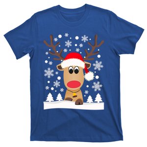 Cute Reindeer Christmas Elk Red Santa Hat Snow Snowflakes Gift T-Shirt