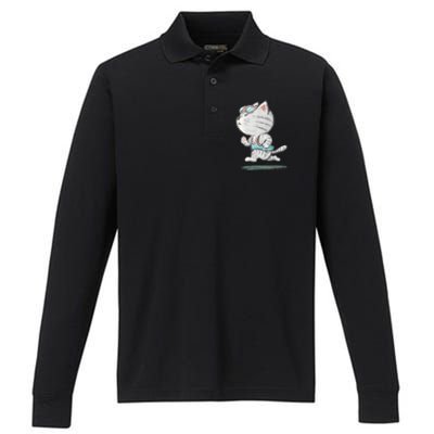 Cat Runner Cute Kitten Running Marathon Sports Toru Sanogawa Performance Long Sleeve Polo