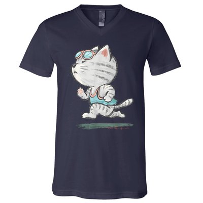 Cat Runner Cute Kitten Running Marathon Sports Toru Sanogawa V-Neck T-Shirt