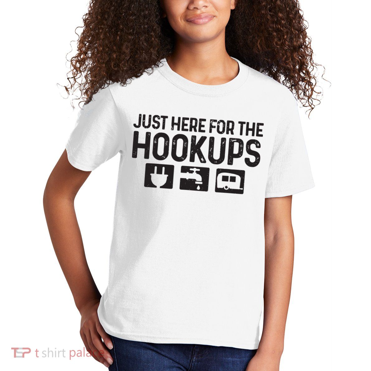 Camping Rv Caravan Motorhome Just Here For The Hookups Funny Kids T-Shirt