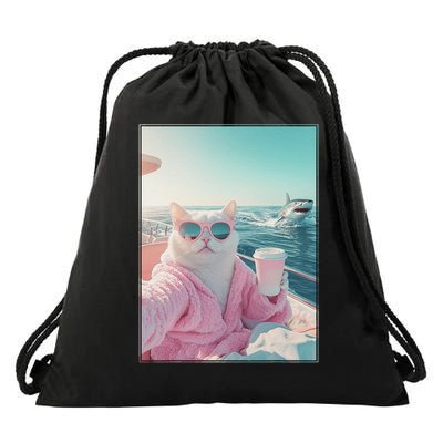 Cool Relaxed Cat on a Yacht Boat with Shark Funny Cat Meme Drawstring Bag