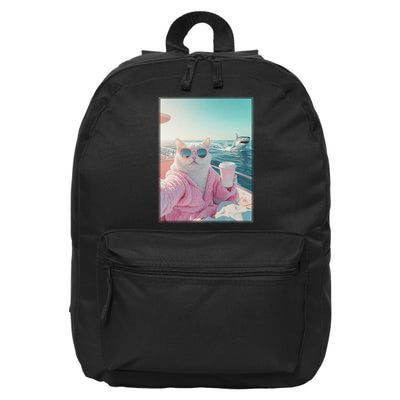 Cool Relaxed Cat on a Yacht Boat with Shark Funny Cat Meme 16 in Basic Backpack