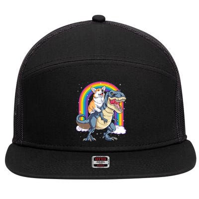 Corgi Riding Dinosaur T Rex Space Galaxy Rainbow Gift 7 Panel Mesh Trucker Snapback Hat