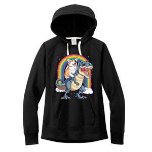 Corgi Riding Dinosaur T Rex Space Galaxy Rainbow Gift Women's Fleece Hoodie