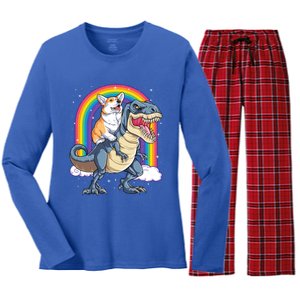 Corgi Riding Dinosaur T Rex Space Galaxy Rainbow Gift Women's Long Sleeve Flannel Pajama Set 